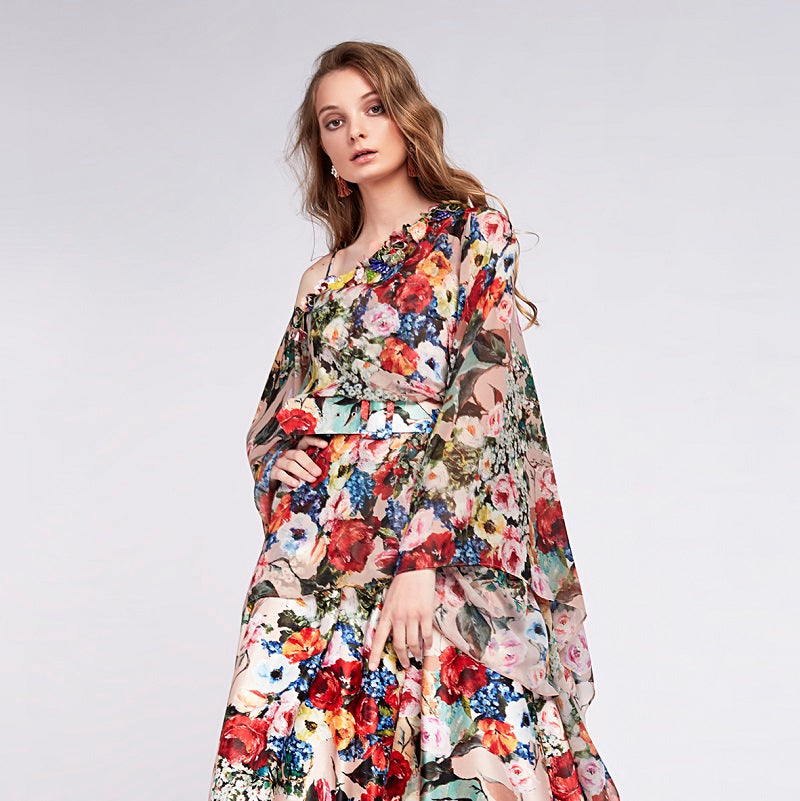 ABITO MATILDE CANO BUSTIER FLOREALE CON KAFTANO